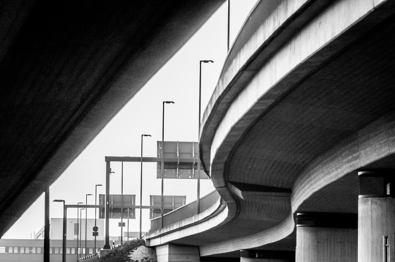 bridge, highway, road, architecture, city, urban, black and white, highway, highway, highway, highway, highway, city, urban, black and white