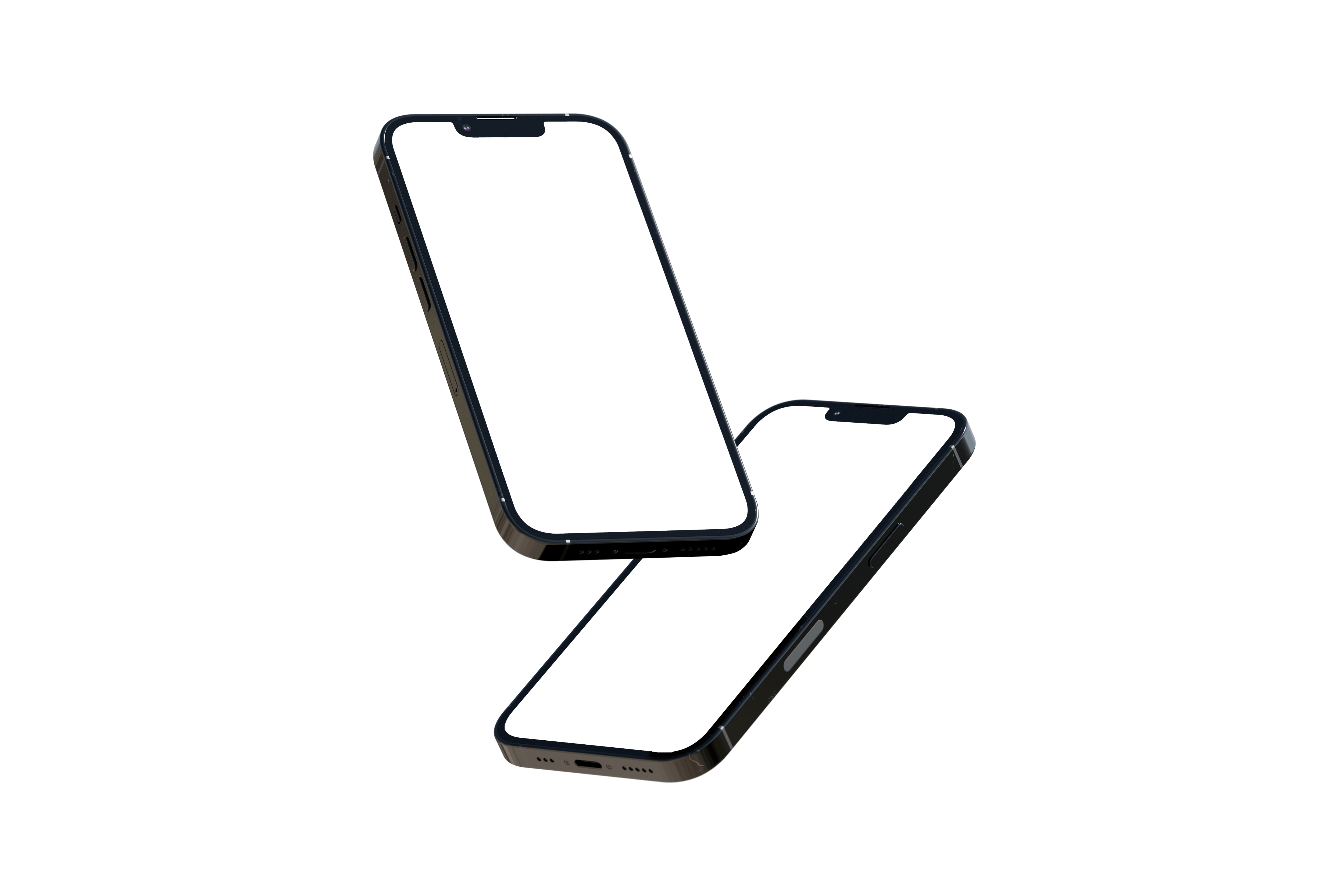 Two sleek smartphones with blank screens floating against a white background, perfect for design mockups.