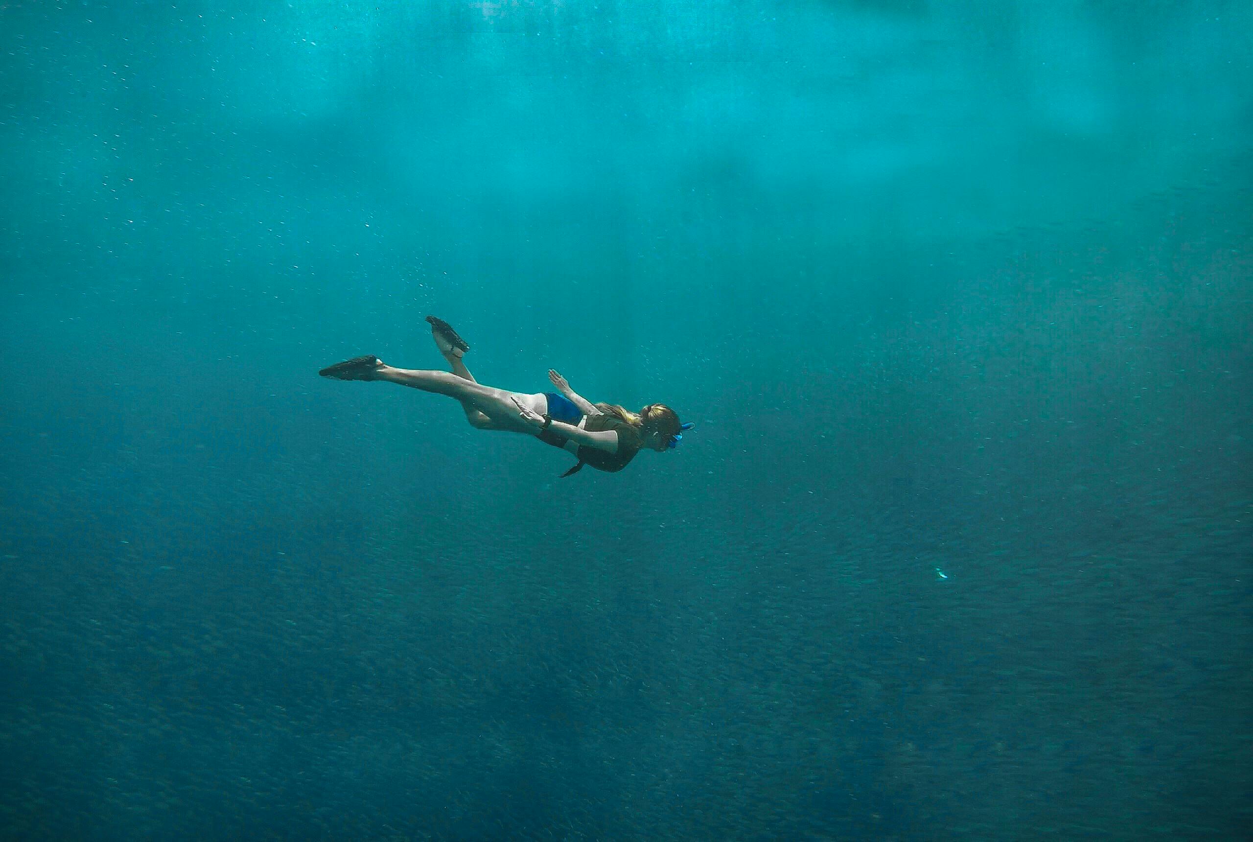 Diver explores the turquoise waters of Moalboal, Cebu, Philippines. Ideal for adventure and travel themes.