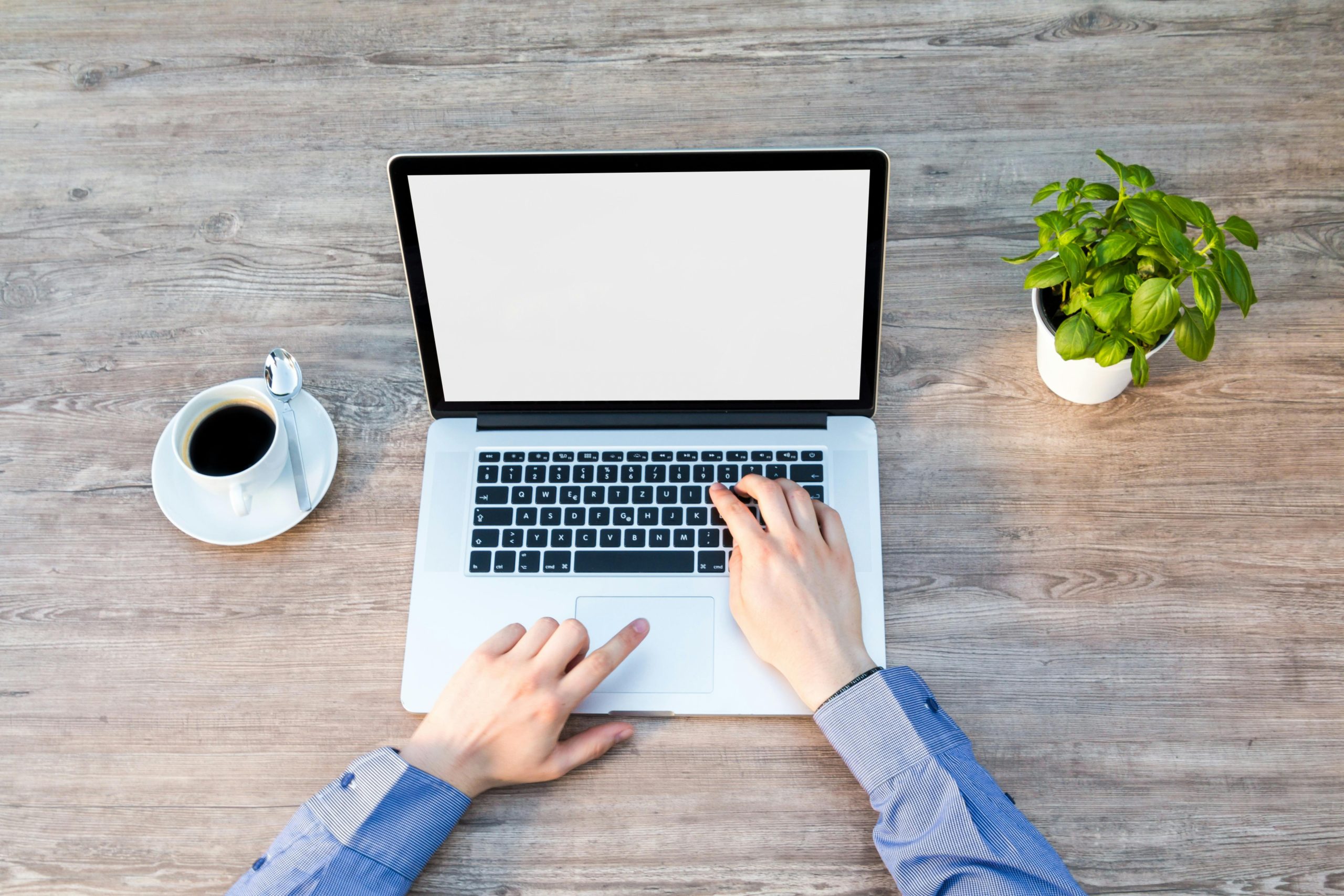 A comforting workspace with a laptop, coffee cup, and potted plant on a wooden desk.